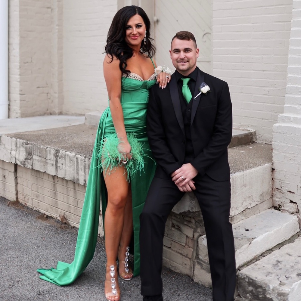 Miss Circle Vanity Green Satin High Slit Draping Corset Gown With Crystals (MED)